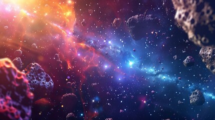 Space background. Asteroid belt fly in colorful fractal nebula, national asteroid day