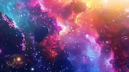 Space background. Asteroid belt fly in colorful fractal nebula, national asteroid day