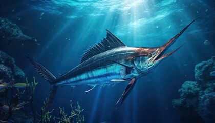 Giant Marlin fish in the ocean, beautiful view of marlin fish in the blue ocean