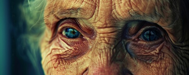 Close-up portrait of an elderly woman with deep blue eyes