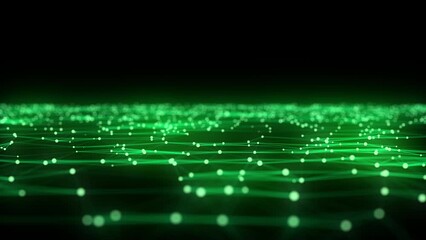 Abstract futuristic wave with moving dots. Flow of green particles and lines. Cyber technology illustration. Big data visualization. 3d rendering