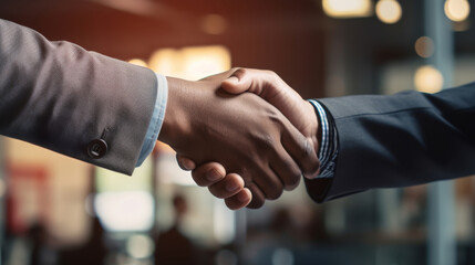 Close-Up Of Two Businessmen Shaking Hands. Professional Handshake Between Partners After Successful Meeting. Generative AI