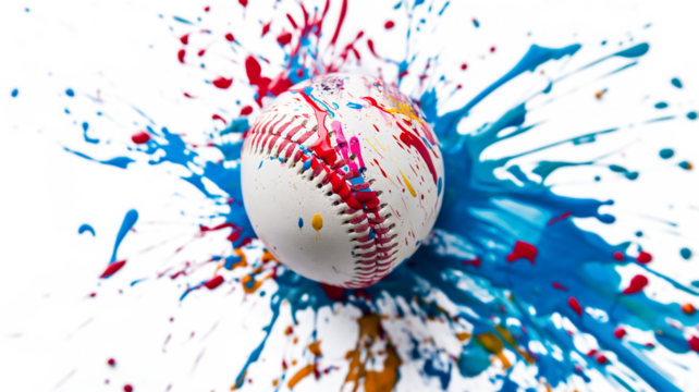 Colorful Paint Splashes on Baseball isolated on a transparent background