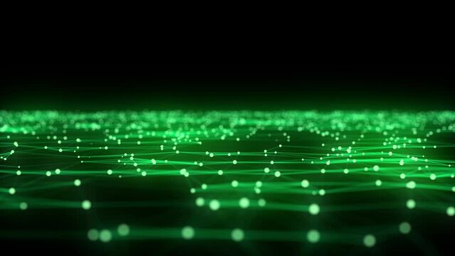 Abstract futuristic wave with moving dots. Flow of green particles and lines. Cyber technology illustration. Big data visualization. 3d rendering