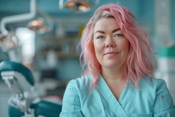 Fototapeta premium dental professional woman with pink hair in uniform