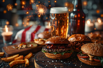 Burgers on a wooden board in pub, barbecue with American flag, beer and fireworks in the...