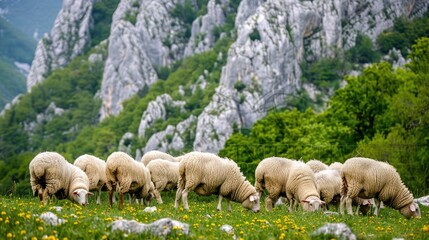 Naklejka premium sheep peacefully grazing on a lush grassy meadow nestled near rugged rocky mountains, showcasing the harmonious coexistence of nature's contrasting elements.