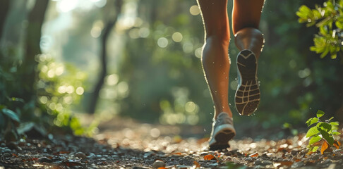 A person jogs on a leaf-strewn trail amidst dappled sunlight.