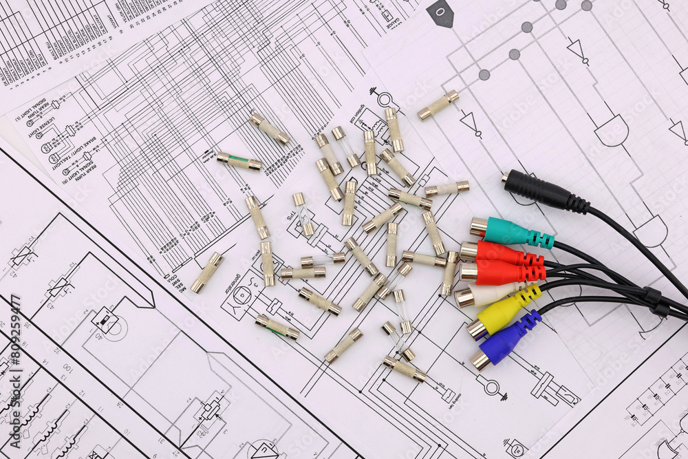 Wall mural Fuses for protection of electrical loads and electrical installation tools in the electrical diagram. Close-up. Soft focus.