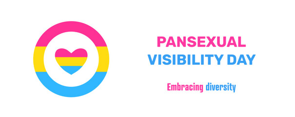 Pansexual Awareness and Visibility Day 24th May, pansexual flag in a heart shape. Pansexual Visibility Day vector banner isolated on a white background.