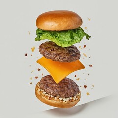 Hamburger falling advertising shooting; a series of photos from above in flight with copy space, isolated on white background concept for fast food restaurant ads