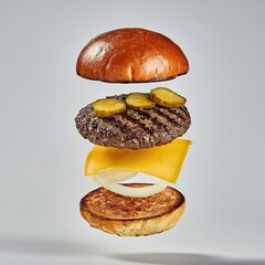 Hamburger falling advertising shooting; a series of photos from above in flight with copy space, isolated on white background concept for fast food restaurant ads