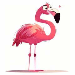 This quirky cartoon flamingo, standing on one leg with a playful expression, is perfect for animations and children's books focusing on bird life and individuality
