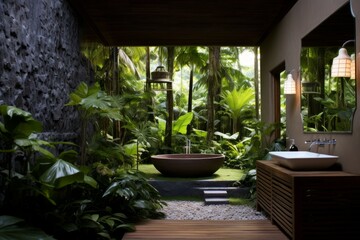 Luxurious open-air bathroom blends seamlessly with a lush tropical garden