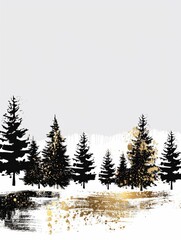 A painting featuring tall trees covered in snow with a golden and black color palette