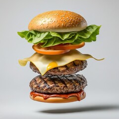 Hamburger falling advertising shooting; a series of photos from above in flight with copy space, isolated on white background concept for fast food restaurant ads