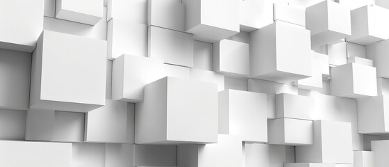 an abstract arrangement of white cubes against a textured block wall.