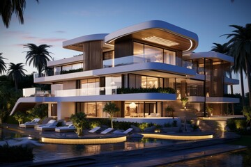 Obraz premium Elegant modern villa with shimmering pool lights and lush palm surroundings captured at dusk