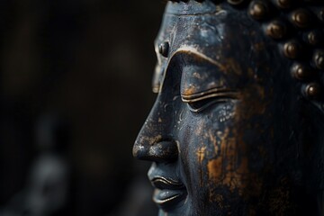 Close-up of the head of a wooden Buddha statue on a dark background, concept of Buddhism, spiritual balance, mental practices and tranquility, Asian tradition culture, photorealistic, space for text