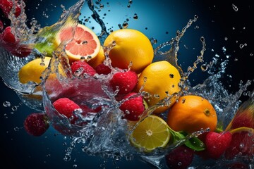 Dynamic Splash With Oranges, Lemons, and Raspberries in Water. Generative AI