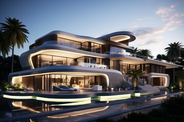 Naklejka premium Contemporary villa with illuminated interiors and pool at dusk