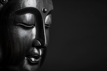 Close-up of the head of a wooden Buddha statue on a dark background, concept of Buddhism, spiritual balance, mental practices and tranquility, Asian tradition culture, photorealistic, space for text