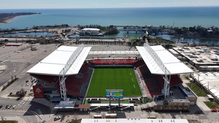 Naklejka premium BMO Field in Toronto Canada aerial view home of the FC Toronto soccer club - TORONTO, CANADA - APRIL 17, 2024
