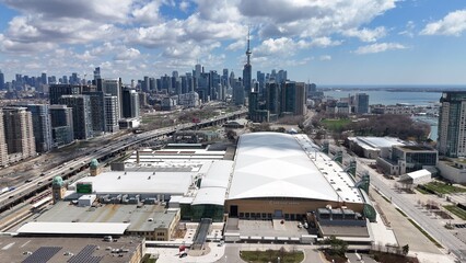 Naklejka premium Enercare centre from above - Aerial view over the exhibition centre in Toronto Canada - TORONTO, CANADA - APRIL 17, 2024