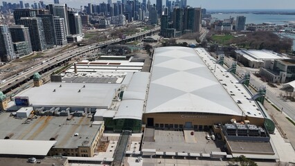 Naklejka premium Enercare centre from above - Aerial view over the exhibition centre in Toronto Canada - TORONTO, CANADA - APRIL 17, 2024