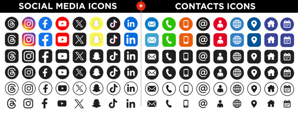 Contact,Phone,web,Facebook, threads, X, twitter, instagram, youtube, snapchat, linkedin, tiktok Collection logo