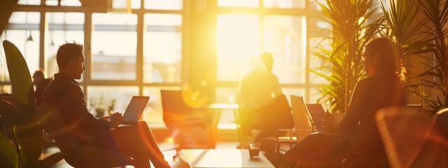 A group of people are sitting in an office, talking and working on laptops as silhouettes with sun light coming through the window Generative AI