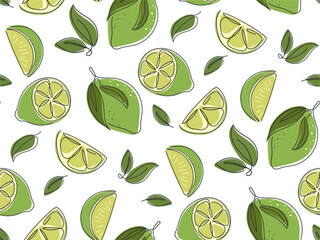 Citrus fruit seamless pattern. Abstract doodle slice green Lime. Exotic tropical food. Mojito, lemonade summer drink background for design