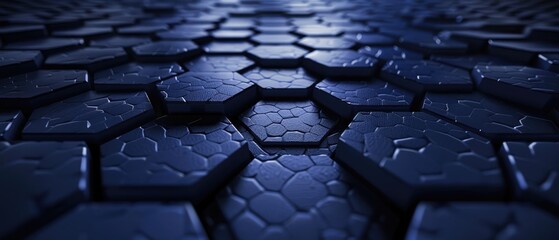 Obraz premium The hexagonal dark blue navy texture, featuring a radial center space, creates a visually appealing 3D rendering backdrop.