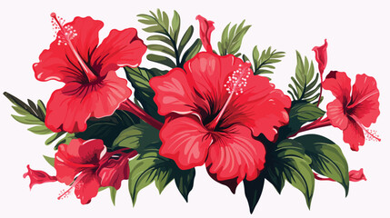 Red bright hibiscus flower with green palm leaves i