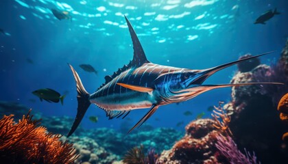 Giant Marlin fish in the ocean, beautiful view of marlin fish in the blue ocean