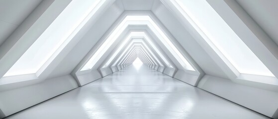 A long, sleek corridor with a modern white background, featuring a futuristic, sci-fi triangle...