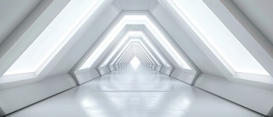 Fototapeta premium A long, sleek corridor with a modern white background, featuring a futuristic, sci-fi triangle tunnel in 3D rendering.