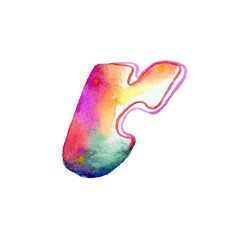 A small, rainbow-colored watercolor letter "p" on a white background, vibrant and lively, adding a playful touch to any composition