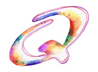 A large, vibrant rainbow watercolor letter Q against a white background. Symbolizing creativity, diversity, and positivity