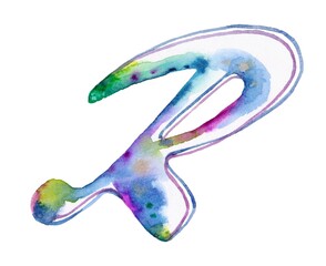 A large, vibrant rainbow watercolor letter P against a white background. Perfect for stock images, symbolizing creativity, diversity, and positivity