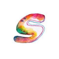 A small, rainbow-colored watercolor letter "c" floats delicately on a pristine white background, adding a touch of whimsy and charm with its vibrant hues and artistic flair