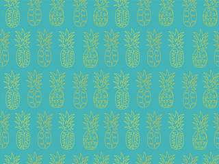 Abstract yellow pineapple on a blue background. Seamless pattern. Tropical exotic fruit. Summer vacation background. Doodle outline drawn illustration