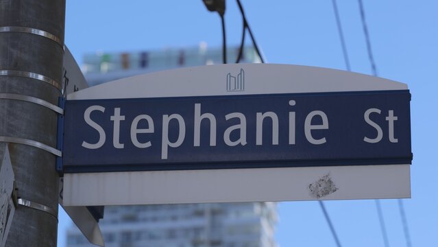 Street sign Stephanie Street in Toronto  - TORONTO, CANADA - APRIL 15, 2024