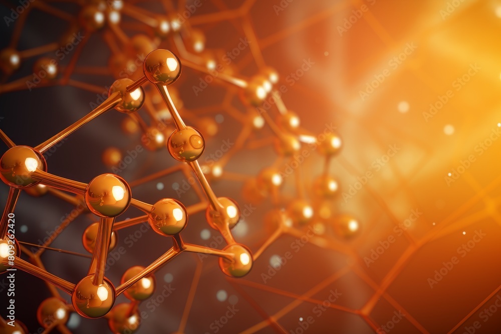 Aufkleber 3d render of a complex molecular structure with golden atoms and connections on a warm background