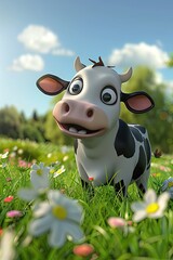 3D cartoon cow on the background of nature