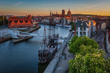 Aerial landscape of the Main Town of Gdansk by the Motlawa river, Poland.