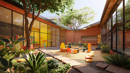 Kindergarten or hotel playroom or playground in the garden.