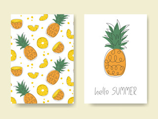Summer fruit greeting cards. Doodle abstract pineapple. Cute hand drawn hello summer background. Tropical fresh sweet ananas. Template for card, poster, banner, cover