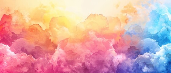 Dynamic watercolor canvas portraying an impressionistic sunset sky filled with puffy clouds in a radiant spectrum of pink, blue, yellow, orange, and purple.