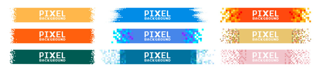 Pixel banner. Horizontal title tags with pixels. Header, footer color layout with mosaic edges. Background for text